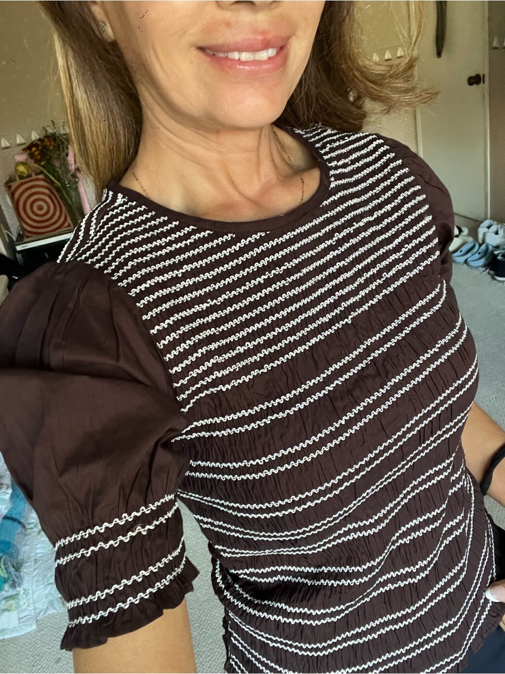 Parker Brown and White Puff-Sleeve Striped Blouse
